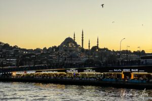 Fish markets at the Galata Bridge from the Bosphorus, Istanbul, Türkiye
