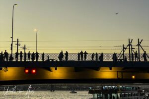 People in silhouette on Galata Bridge, Istanbul, Türkiye