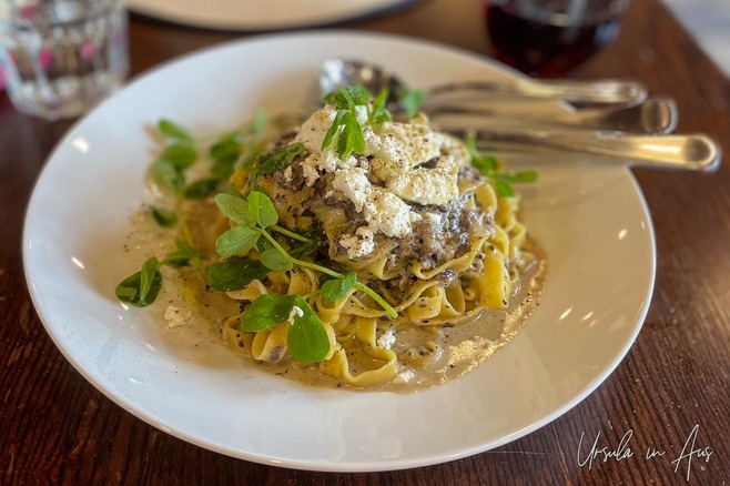 Fresh tagliatelle with crimini mushroom duxelle, goat cheese, and truffle oil, Blacktail Restaurant, Daajing Giids Canada