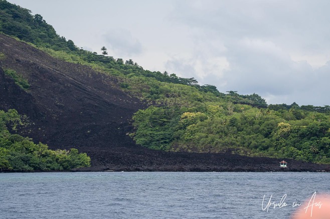 Volcanic landslip on Banda Api from the water, Indonesia.