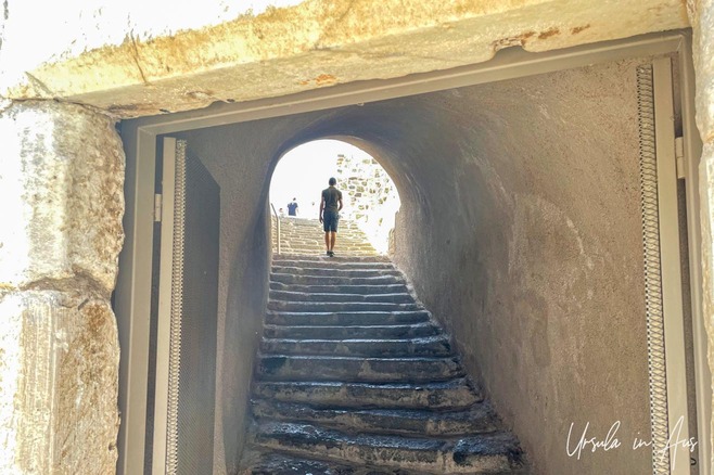 Steep stone stairway into Bodrum Castle, Türkiye