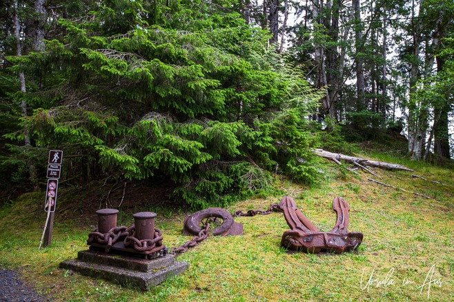 Anchor chains and mooring post structure, Tlell River Picnic Park, Graham Island, BC Canada