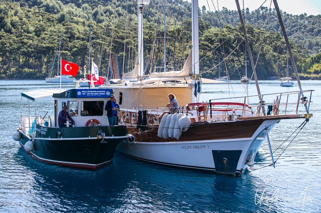 Boats in Karacasöğüt Bay, Gulf of Gökova, Türkiye