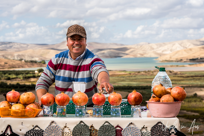 A man with a stand of souvenirs and fresh pomegranate juice, Barrage Sidi Chahed, Morocco.