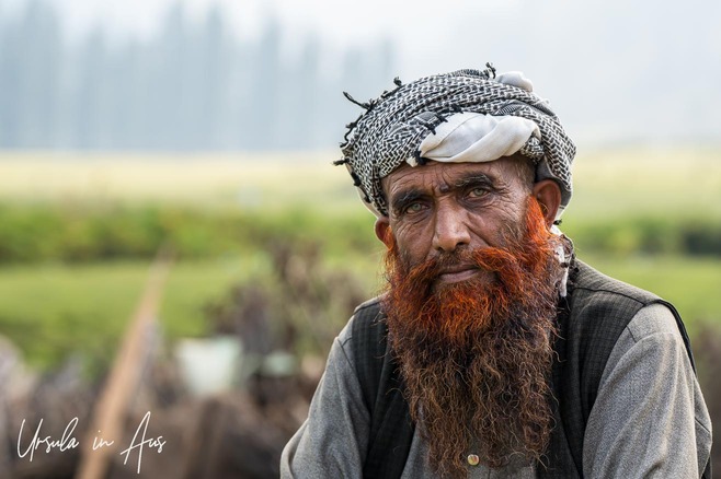 Outdoor portrait of a Gujar elder with a red hennas beard, Doodhpathri, Budgam India.