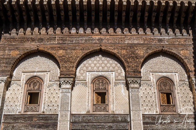 The front of an ornate wooden building, Fes el Bali, Fes, Morocco.